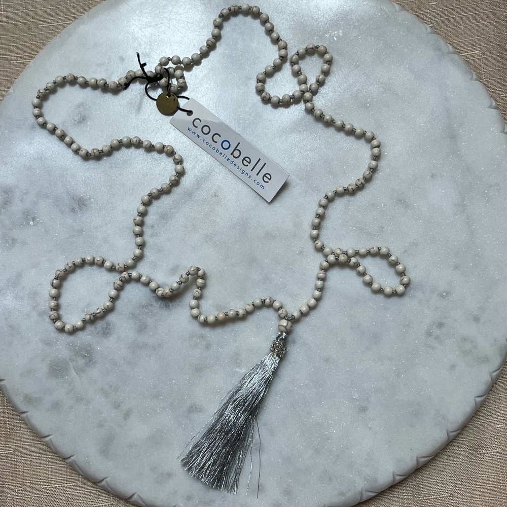 Anthropologie Cocobelle Necklace Satya Grey Tassel Fringe Bead Boho Long New